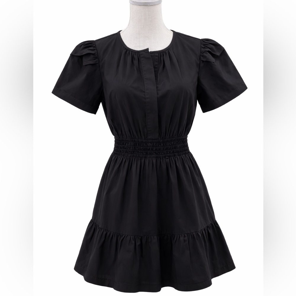 Quince Organic Cotton Poplin Tiered Mini Dress Black Puff Sleeve Smocked Waist L